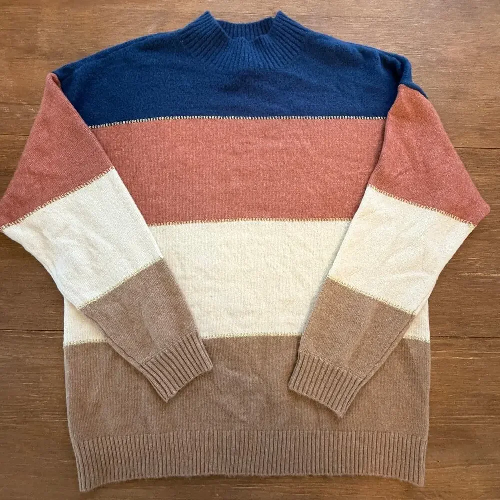 Halston Colorblock Sweater Women's Medium Blue Cream Rust Brown Pullover